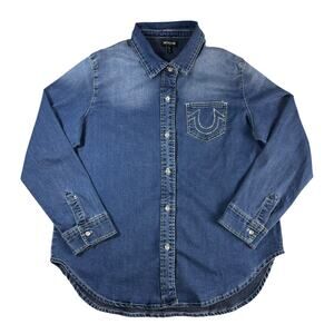 True Religion Women's XL Crystal Horseshoe Denim Slim Shirt Long Sleeve